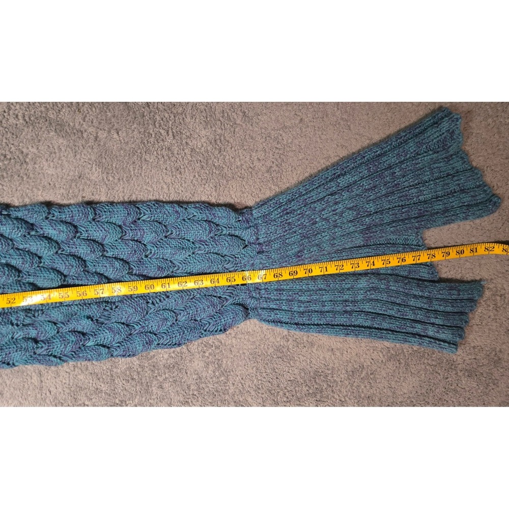 Knit Teal Blue Purple Accent Adult Size Mermaid Tail Blanket Gift - Picture 3 of 4